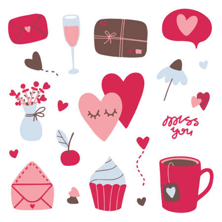 Valentines day doodle set, objects for concept and design, vector illustration flat.のイラスト素材