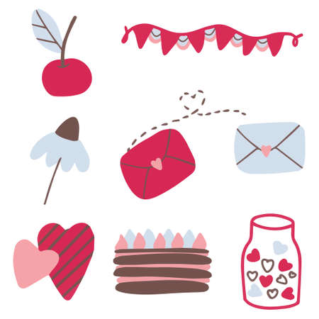 Valentines day doodle set, objects for concept and design, vector illustration flat.のイラスト素材