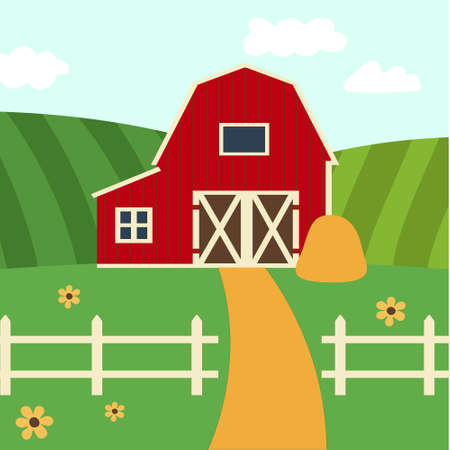 Red barn on the farm. Rural landscape, vector illustration. farm card.のイラスト素材