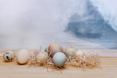 composition of eggs and feathers on a blue watercolor background.