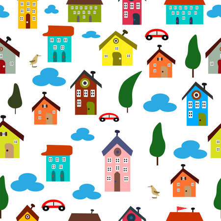 Seamless vector pattern with colorful housesのイラスト素材