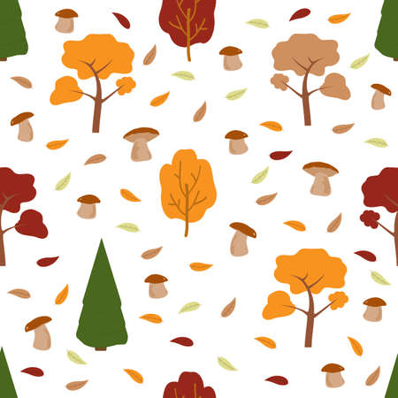 seamless autumn pattern with trees, leaves and mushroomsのイラスト素材