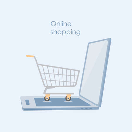 Concept of online shopping with an open laptop and a shopping cart .のイラスト素材