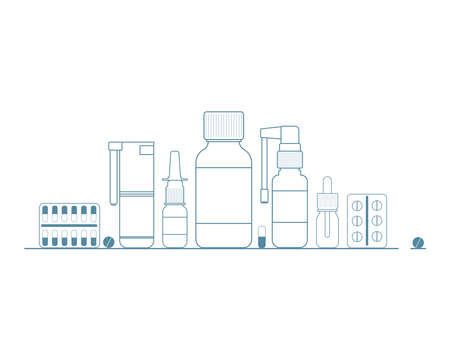 Medical concept. Cold, flu, cough medicines: medicinal syrup, nasal spray, throat spray, pills, capsules.のイラスト素材