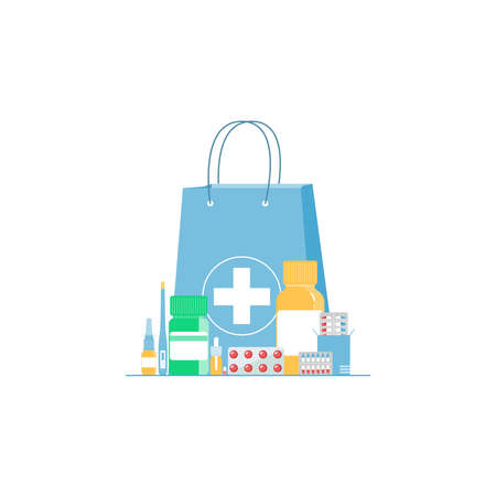 Blue shopping bag with different medical pills and bottles. Pharmacy purchases. Drugstore Concept. Healthcare objects. Vector illustration in a flat style.のイラスト素材