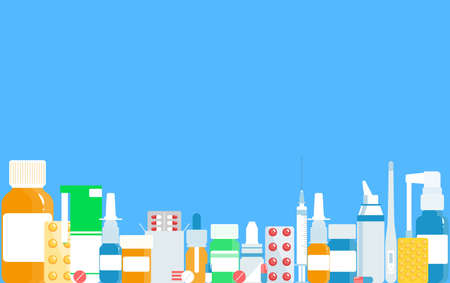 Medical concept. Cold, flu, cough drugs: medicinal syrup, nose spray, throat spray, pills, capsules. Vector illustration in a flat style.のイラスト素材