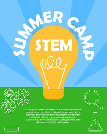 STEM educational kids summer camp. Colorful poster. Science, technology, engineering, mathematics. Education Concept. Flat Vector.のイラスト素材