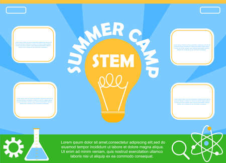 STEM educational kids summer camp. Colorful poster. Science, technology, engineering, mathematics. Education Concept. Flat Vector.のイラスト素材