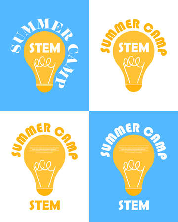 Set of elements for the summer camp STEM. STEM - science, technology, engineering and mathematics. Flat color vector illustration with words.のイラスト素材