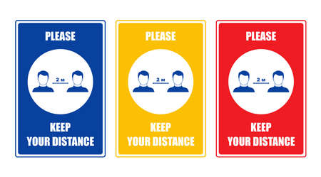 Set of signs or stickers with the inscription Please keep your distance of 2 meters. Stickers for floor and walls. The concept of social distance. Protection from Kovid-19. Flat vector.のイラスト素材