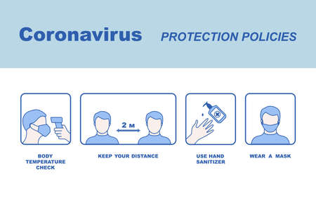 COVID -19 protection policies: Temperature check, use hand sanitizer, wear a face mask, social distancing. Vector illustration.のイラスト素材