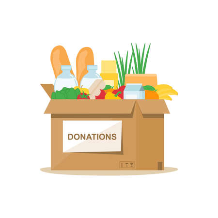 Charity box with food on a white background. Delivery to the door. Help people. Contactless delivery. Vector illustration in a flat style.のイラスト素材