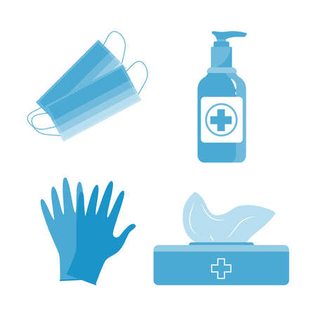 Disinfection. Virus prevention signs. Personal protective equipment: sanitizer, wet wipes, disposable gloves, medical masks. Protection against coronavirus. Flat vector.のイラスト素材