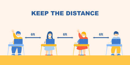 Back to school. Safe social distance at school during the coronavirus period. Children in masks sit at their desks at a safe distance. Safe school background template. Flat vector.のイラスト素材