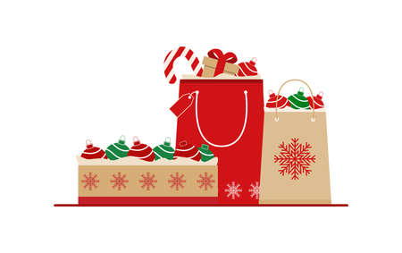 Holiday packages and box with Christmas and New Year decorations isolated on white background. Cristmas presents. Vector illustration in a flat style.のイラスト素材