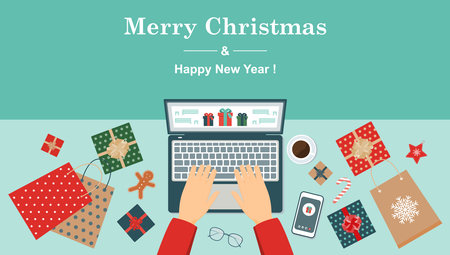 The concept of online shopping for gifts for Christmas and New Year. Stay home during the Covid 19 pandemic and shop safely. Vector illustration.のイラスト素材