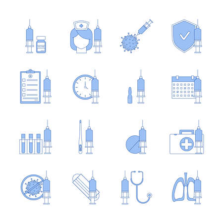 Vaccine and vaccination set of simple linear icons. Vaccination against coronavirus. Contains icons such as syringe, vaccine, virus element, protection, masks, lungs and others. Vector illustrationのイラスト素材
