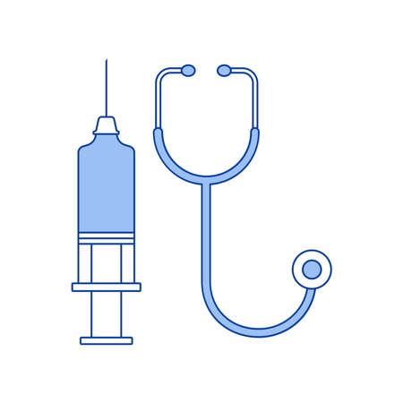 Syringe and stethoscope linear icons on white background. The concept of vaccination, injection, treatment. Medical icons. Vector illustration.のイラスト素材