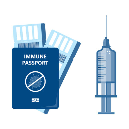 Vector icons passport immunity with boarding passes and syringe. The ability to travel and work after being vaccinated and immunizedのイラスト素材
