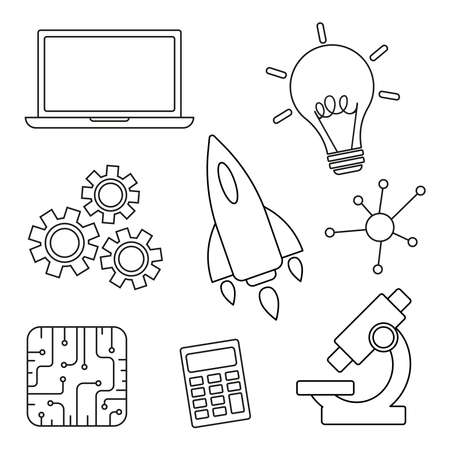 Set of black and white educational elements: laptop, microscope, light bulb, microcircuit, calculator, rocket, mallecules, gears. STEM education: science, technology, engineering, mathematics. Vector.のイラスト素材