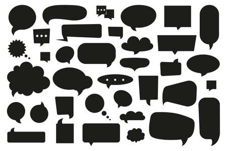 Set of black speech bubbles with dialog phrases isolated on white background. Online chat stickers, dialog box, labels or tags. Vector illustration.のイラスト素材