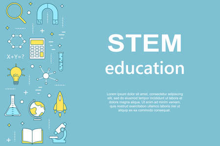 STEM education horizontal colorful banner in linear style: science, technology, engineering, mathematics. Back to school. Vector illustration.のイラスト素材