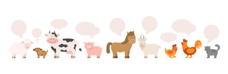 Set of cute farm animals in cartoon style with speech bubbles: sheep, goat, cow, horse, pig, cat, dog, duck, goose, chicken, rooster, chick on a white background. Vector illustration in a flat style.のイラスト素材