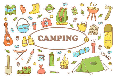 Background full of elements for camping and hiking, adventure camps - tent, bonfire, map, binoculars, backpack, lantern. Perfect for scrapbooking, crafts, posters, labels, sticker packs. Vector illustration.のイラスト素材