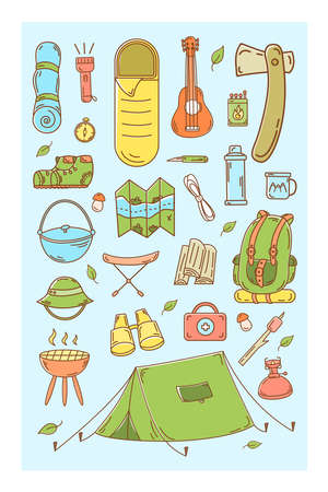 Set of elements for camping and hiking - tent, bonfire, map, binoculars, backpack, lantern. Perfect for scrapbooking, crafts, posters, labels, sticker packs. Vector illustration.のイラスト素材