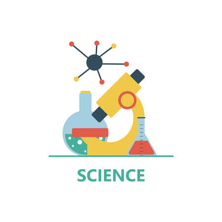 Science emblem with microscope, flasks and molecule. STEM education: science, technology, engineering, mathematics. Vector illustration.のイラスト素材