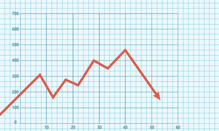 Stock market decline. Financial crisis. Arrow of decreasing economy on the graph. Loss of income, bankruptcy, decline in sales. Vector illustration.のイラスト素材