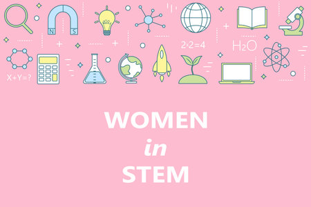 Women in STEM education horizontal colorful banner in linear style: science, technology, engineering, mathematics. Back to school. Vector illustration.のイラスト素材