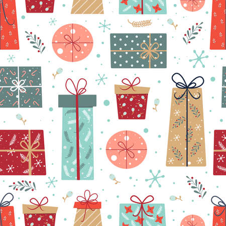 Seamless Christmas pattern with gifts, snowflakes and snow. Merry Christmas. Surface design for textile, fabric, wallpaper, wrapping, gift wrap, paper, scrapbook and packaging. Vector illustration.のイラスト素材