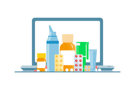 Healthcare online pharmacy application concept. Mobile application for ordering medicines. Medical supplies, bottled liquids and pills. Safe purchase of medicines. Vector illustration.のイラスト素材