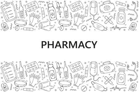 Hand drawn medical and pharmacy banner template with cartoon medical elements, stethoscope, thermometer, medicines. Black and white doodle sketch style. Illustration for banner, flyer, frame design template.のイラスト素材
