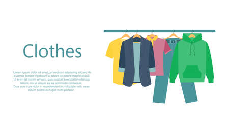 Men's and women's clothing on a hanger. Organization of clothes or storage. The interior of a closet or wardrobe. Donation of clothes. Vector illustration.のイラスト素材