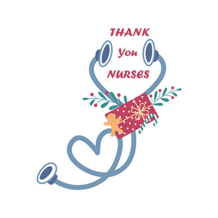 Thanks to the nurses. Festive Christmas and New Year sticker with stethoscope and the inscription Thank you nurses. Fighting the pandemic. Vector illustration.のイラスト素材