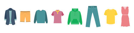 Men's and women's clothing: jacket, T-shirt, shorts, trousers, dress, sweater. Vector illustration.のイラスト素材