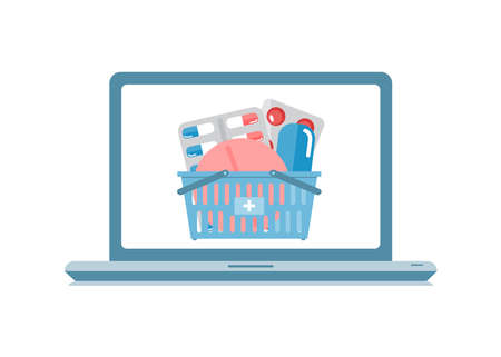 online pharmacy concept. Ordering medicines via the Internet. A basket with pills, medicines on the laptop screen. Safe purchase of medicines. vector illustration.のイラスト素材