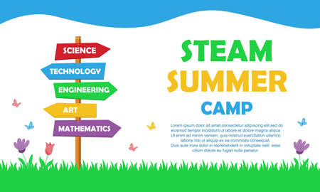 STEAM educational kids summer camp. colorful poster. Science, technology, engineering, art, mathematics. education concept. flat Vector.のイラスト素材