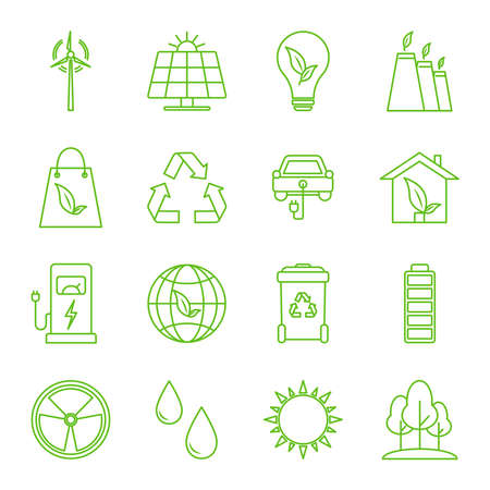 Set of eco vector icons in flat style. Eco collection with various icons on the theme of ecology and green energy. Environmental sustainability simple symbol. alternative energy.のイラスト素材