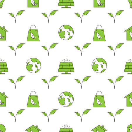 Vector design with seamless ecology pattern and green energy concept in trendy flat style. Seamless pattern with vector eco icons in flat style. Ecology, nature, energy, environment, recycling icons.のイラスト素材