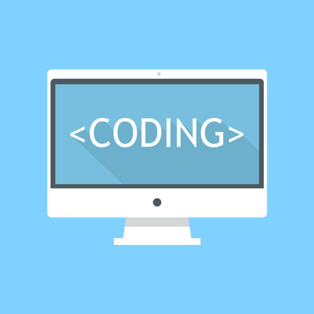 Laptop with Coding word on screen.Coding, programming. SEO. Search engine optimization. App development, creation. Software, program code. Web design.のイラスト素材