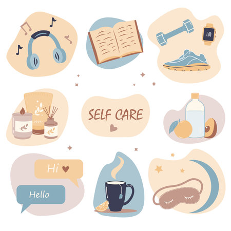 Self care personal health habits combination for wellness person concept. Daily lifestyle for happiness and physical or emotional peace vector illustration. Activities combination for good body.のイラスト素材