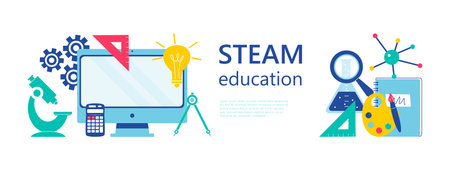 STEAM Education Web Banner. Science, Technology, Engineering, Arts, Mathematics. Vector illustration.のイラスト素材