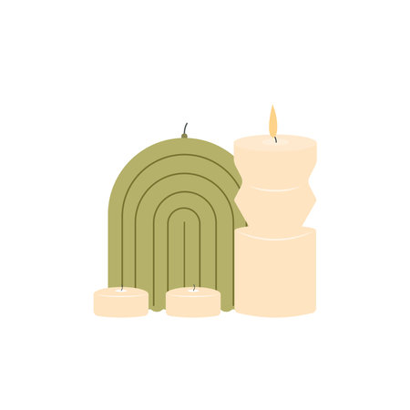 Various Candles. Different shapes and sizes.  Decorative wax candles for relax and spa.  Vector illustration.のイラスト素材