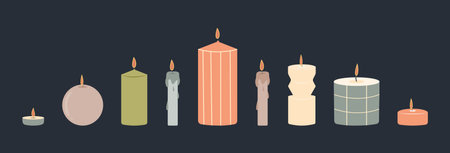 Various Candles. Different shapes and sizes.  Decorative wax candles for relax and spa.  Vector illustration.のイラスト素材