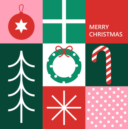 Merry Christmas and Happy New Year greeting card in elegant geometric minimalist style. Minimalistic  art banner, poster, cover templates. Trendy, contemporary abstract design. Flat vector illustration.のイラスト素材