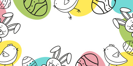 Easter background with eggs and flowers, chickens, bunnies. Modern minimalist style. Horizontal poster, greeting card.のイラスト素材