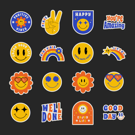 Colorful happy smiling face label shape set. Collection of trendy retro sticker cartoon shapes. Funny comic character art and quote sign patch bundle.のイラスト素材